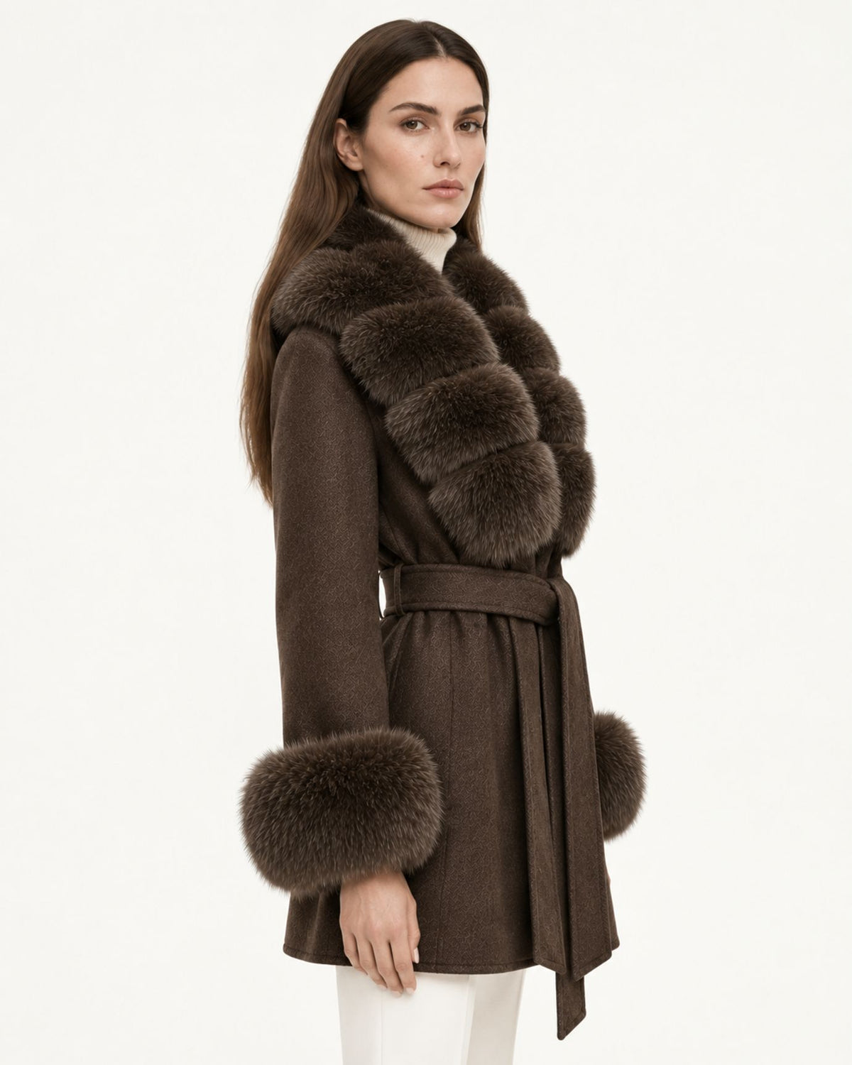 Mira Belted Mid-Length Wool Coat with Fox Fur Collar