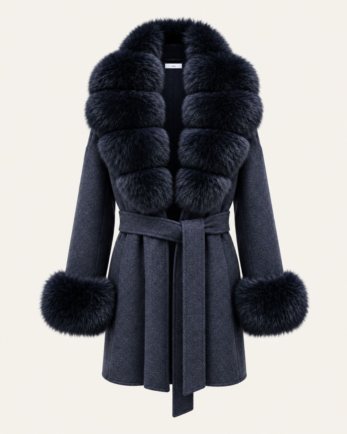 Mira Belted Mid-Length Wool Coat with Fox Fur Collar