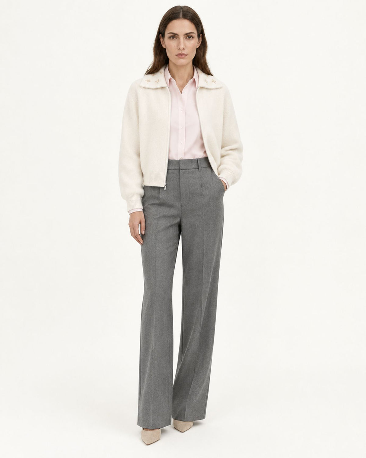 Lina Beaded and Embroidered 100% Cashmere Zip Cardigan