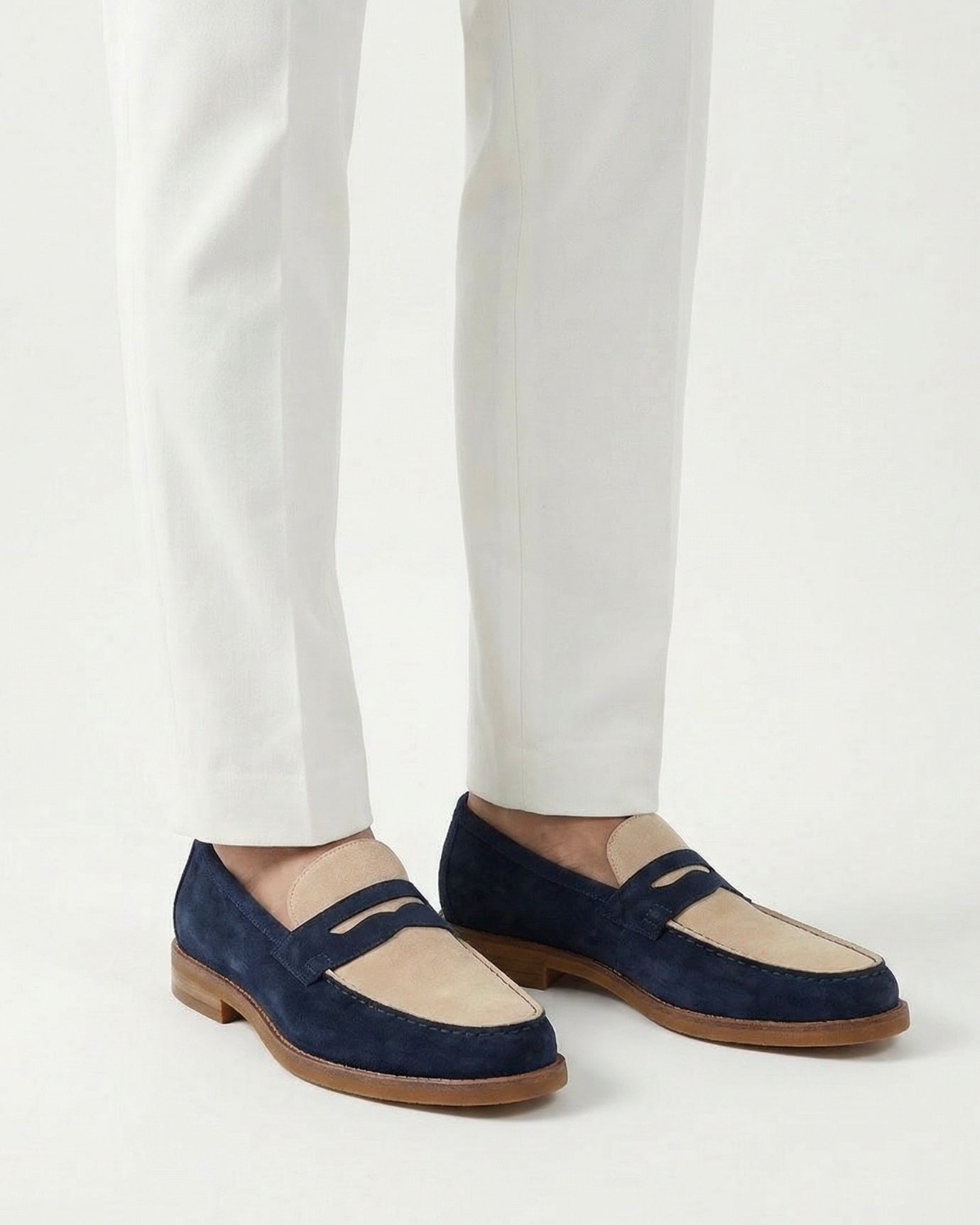 Paris Vintage Khaki Blue Loafers Handmade Genuine Leather