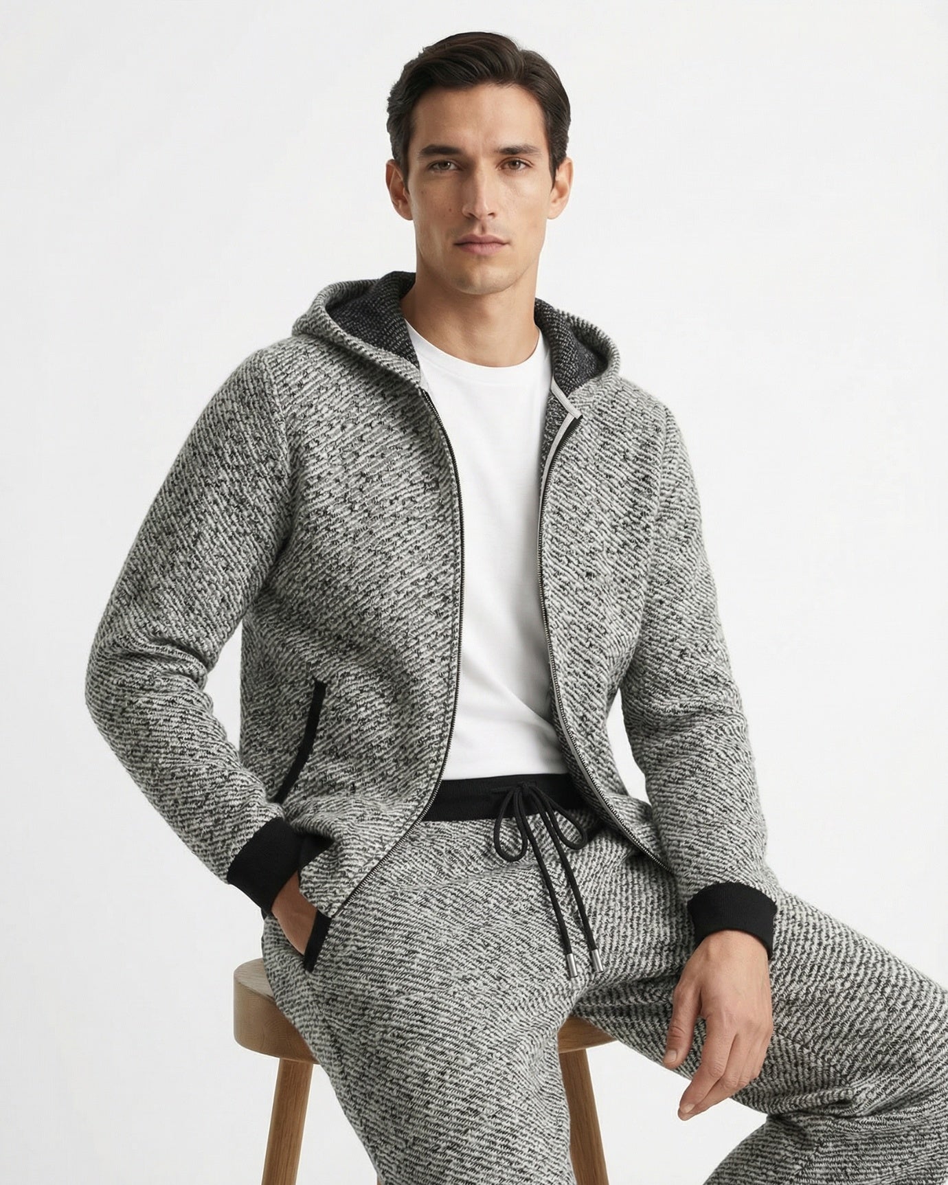 Conjunto de cárdigan con capucha y pantalón de cachemir y lana