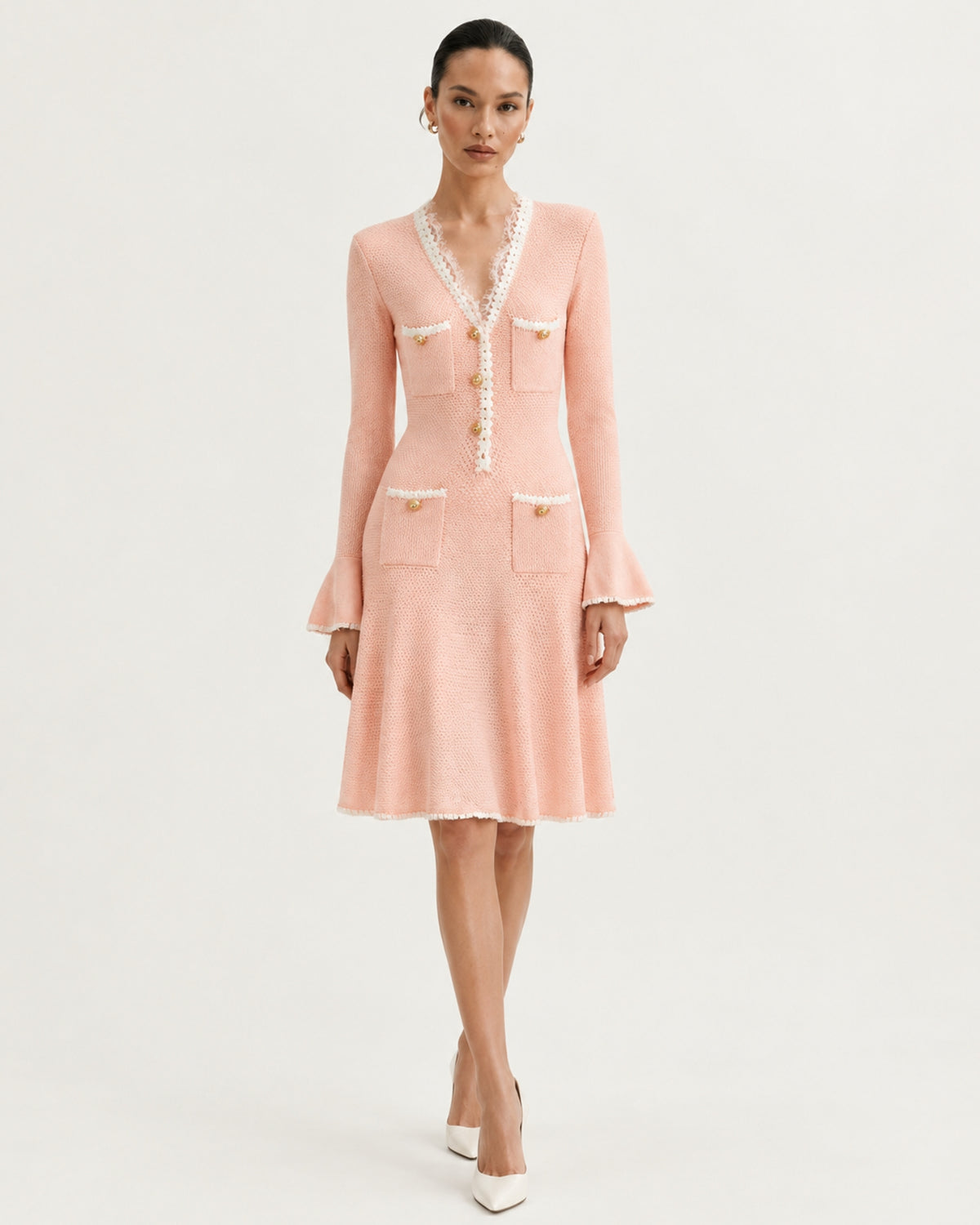 Georgina Long-Sleeve Cutout Ruffle Knit Dress