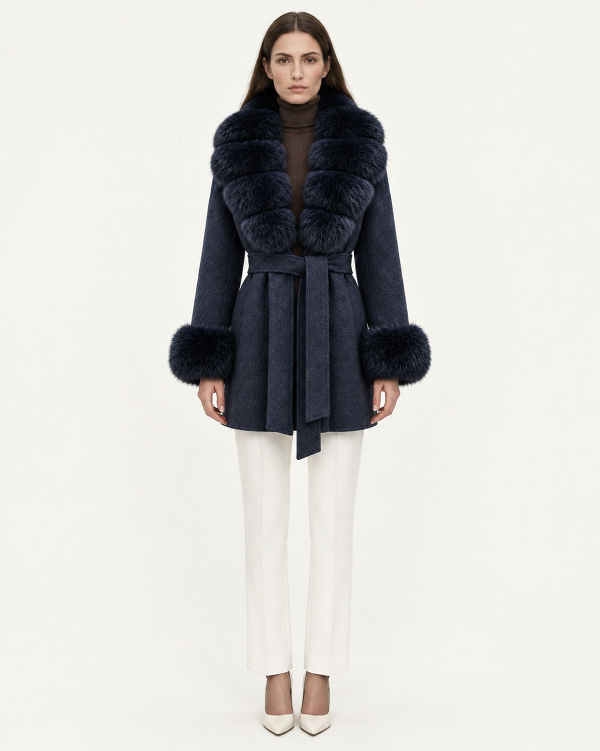 Mira Belted Mid-Length Wool Coat with Fox Fur Collar
