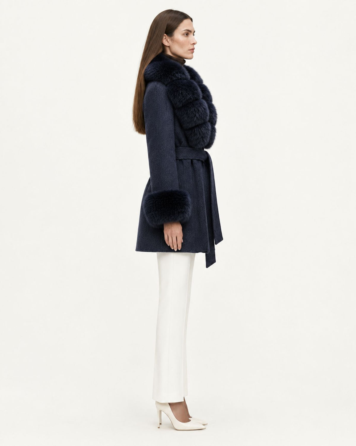 Mira Belted Mid-Length Wool Coat with Fox Fur Collar