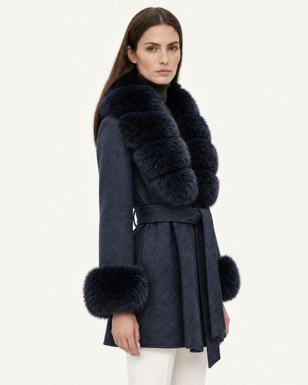 Mira Belted Mid-Length Wool Coat with Fox Fur Collar