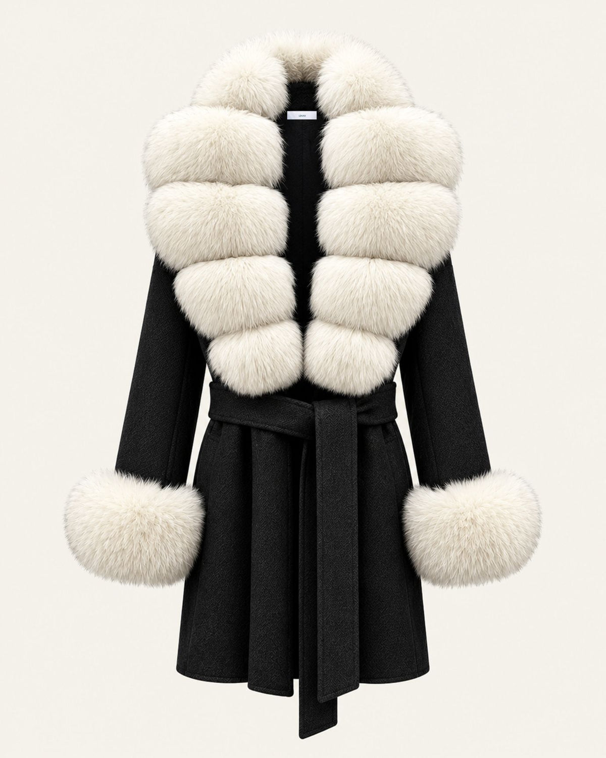 Mira Belted Mid-Length Wool Coat with Fox Fur Collar