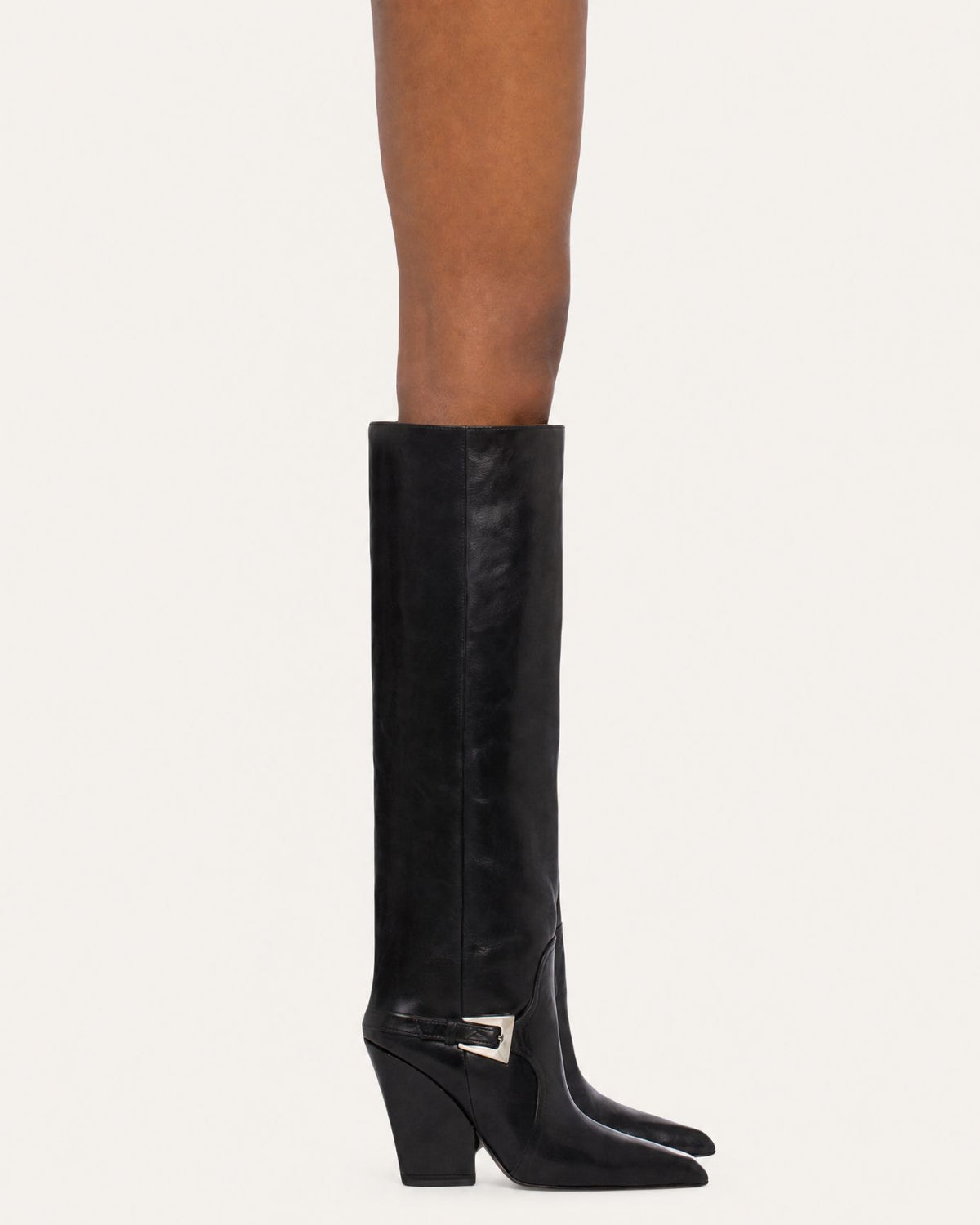 Block Heel Knee-High Boots with Buckle Detail