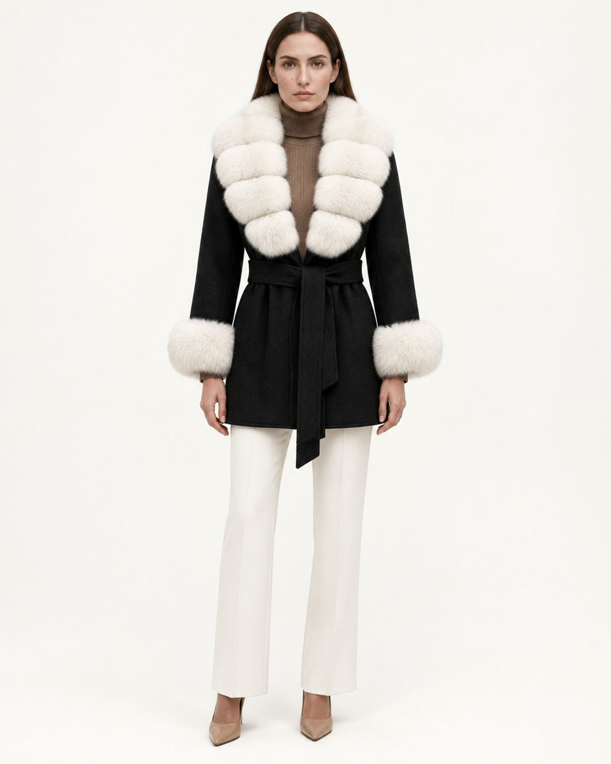 Mira Belted Mid-Length Wool Coat with Fox Fur Collar