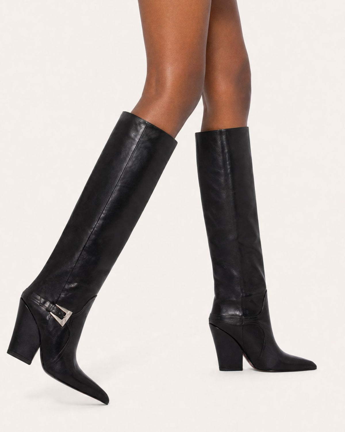 Block Heel Knee-High Boots with Buckle Detail