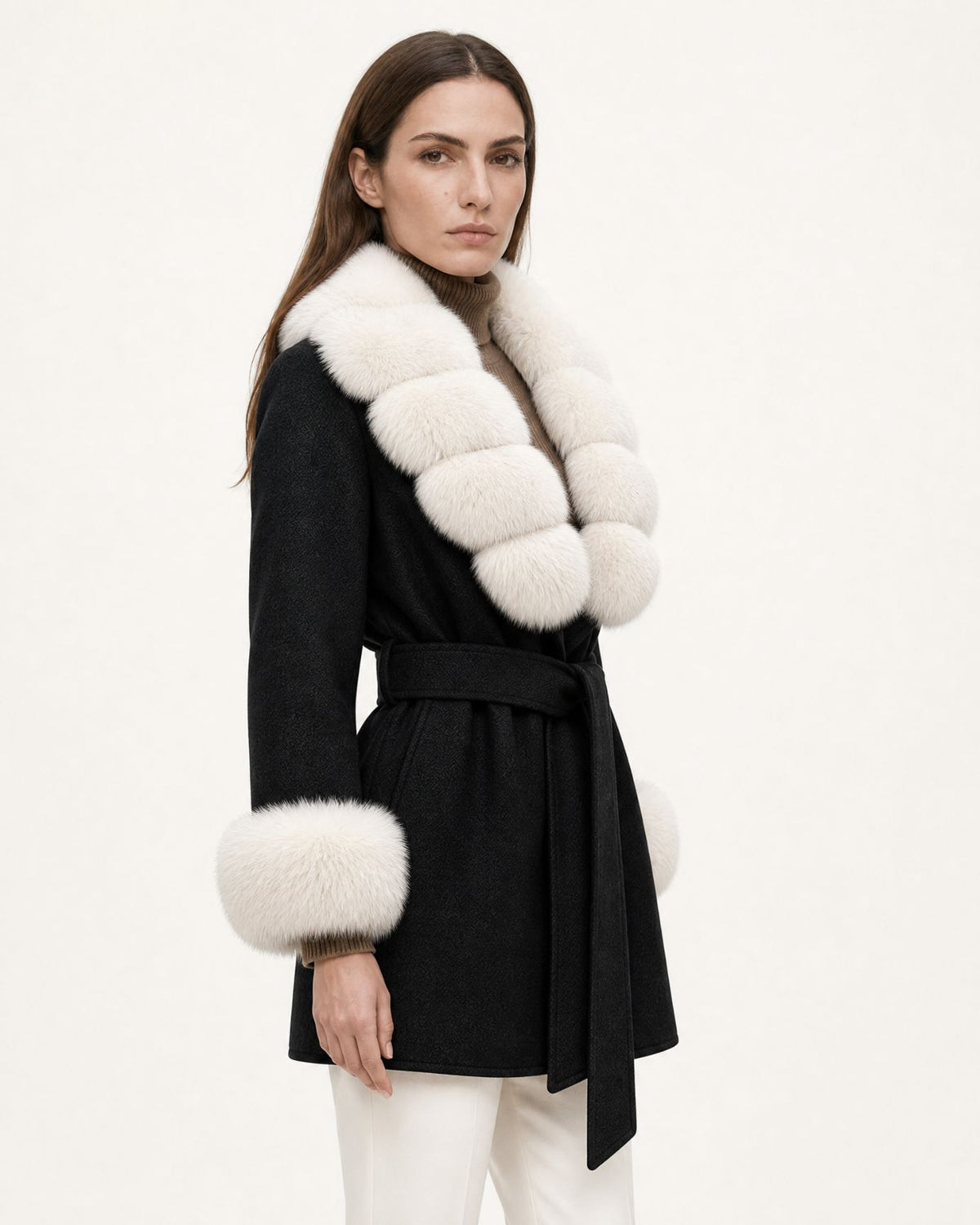 Mira Belted Mid-Length Wool Coat with Fox Fur Collar