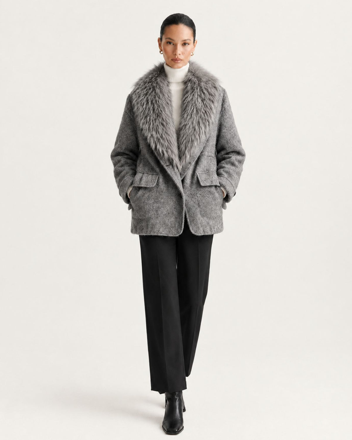 Wool Goose Down Coat with Natural Raccoon Fur Collar
