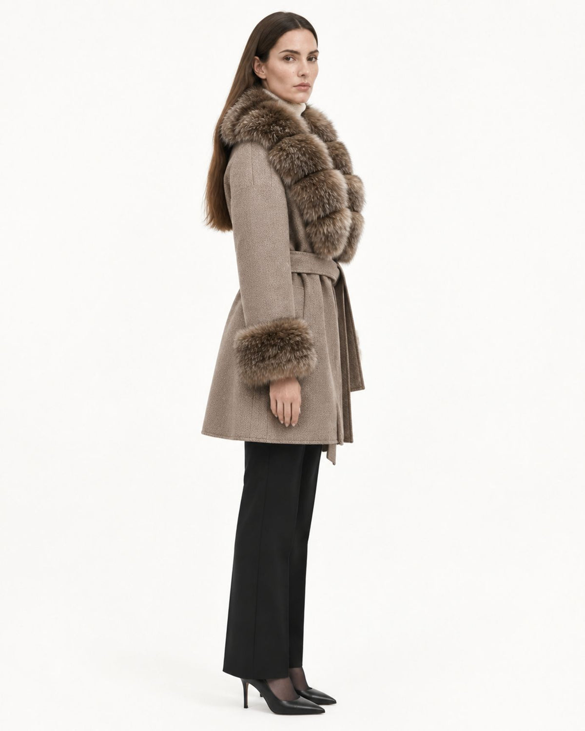 Mira Belted Mid-Length Wool Coat with Fox Fur Collar
