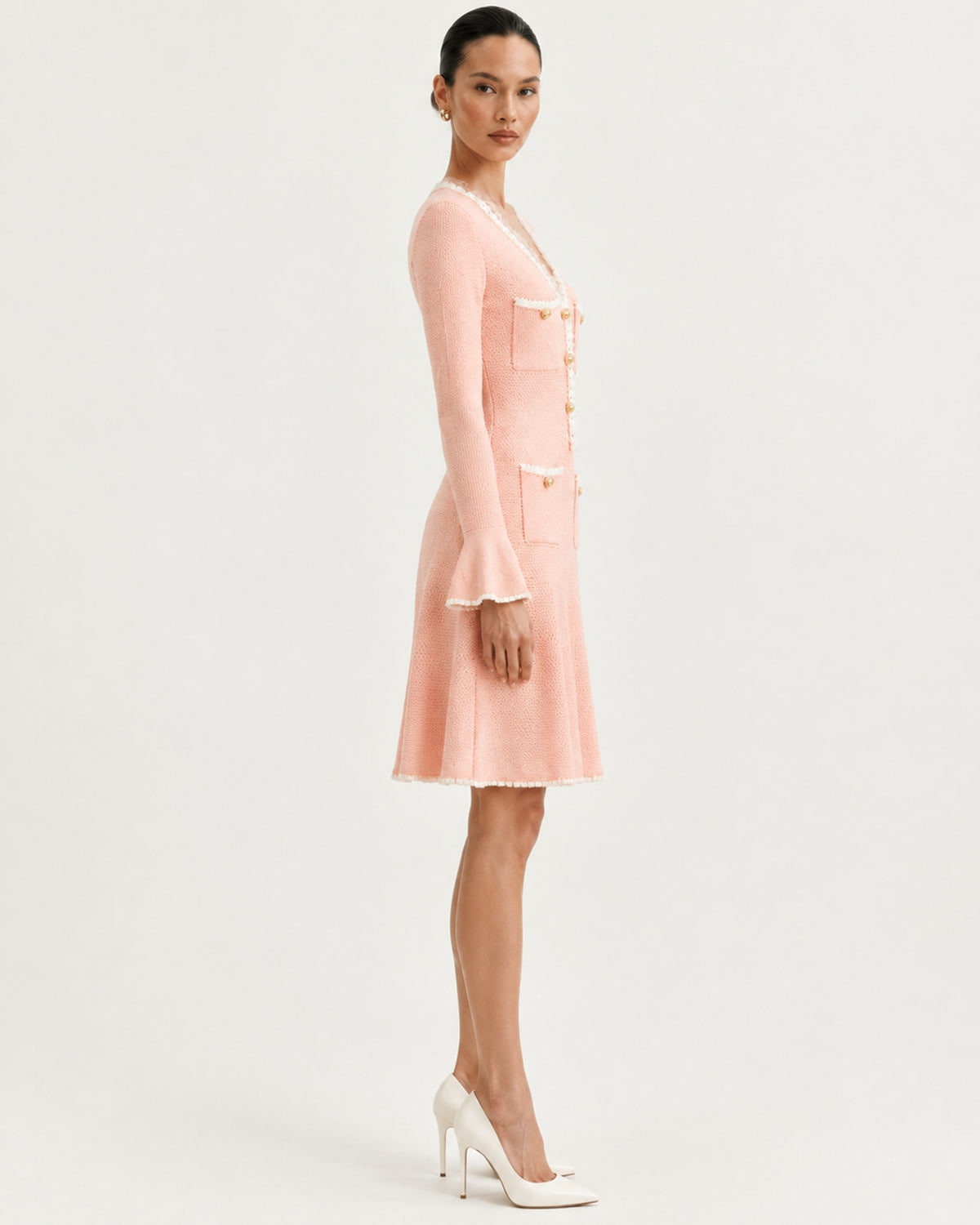 Georgina Long-Sleeve Cutout Ruffle Knit Dress