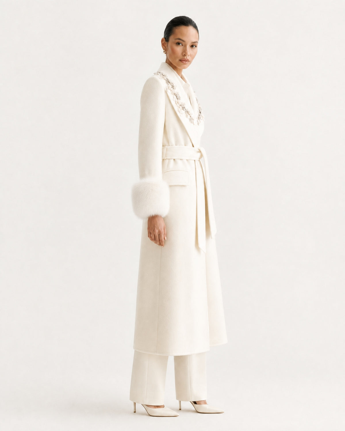 Hamptons Fox Fur Collar Embellished Wool Cashmere Coat