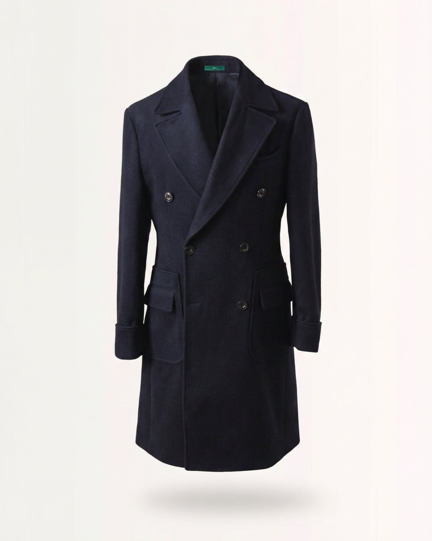 Navy Blue Thick Double-Breasted Wool Coat with Ulster Collar