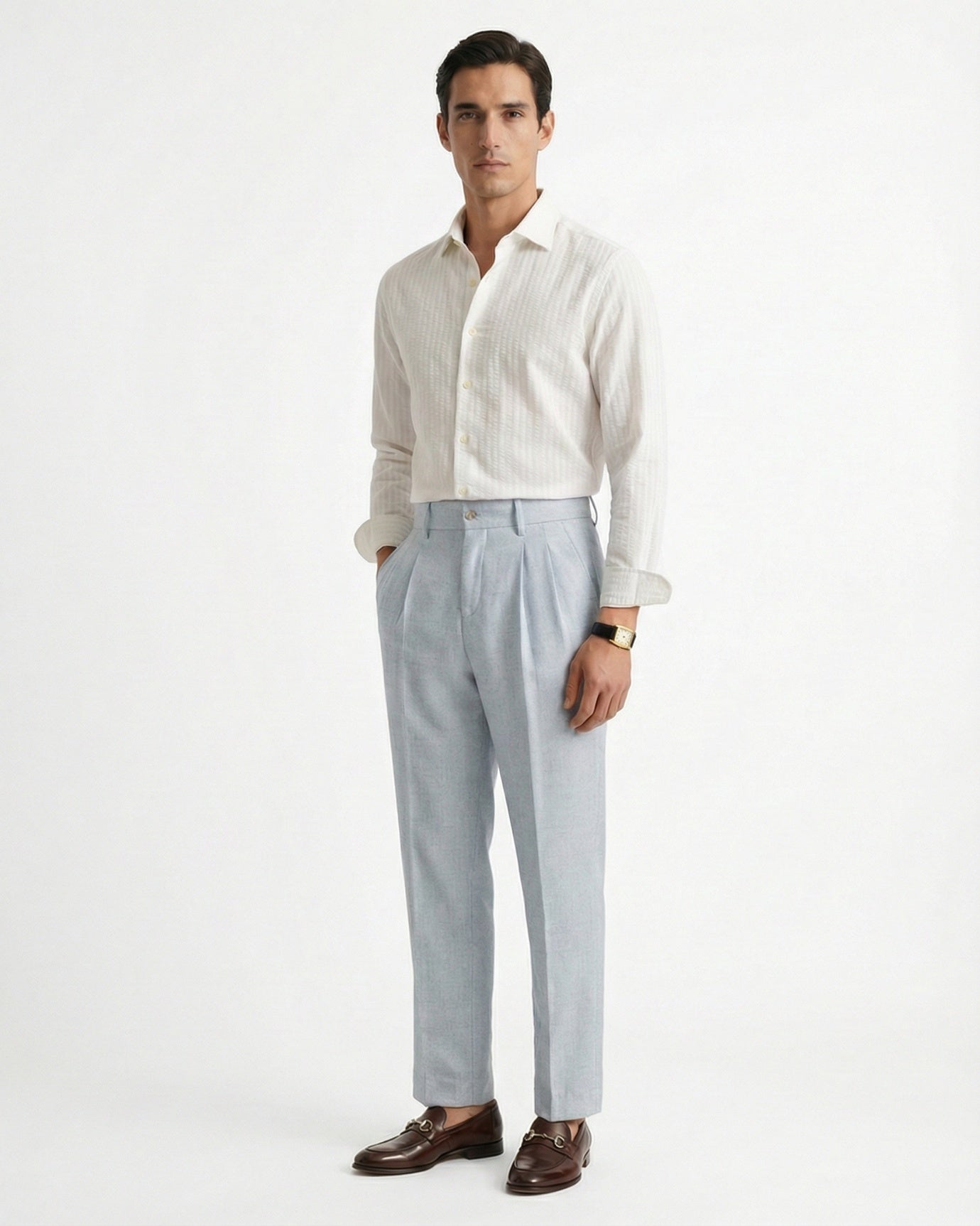 Pantalón azul claro de mezcla de lino con espiga y doble pliegue