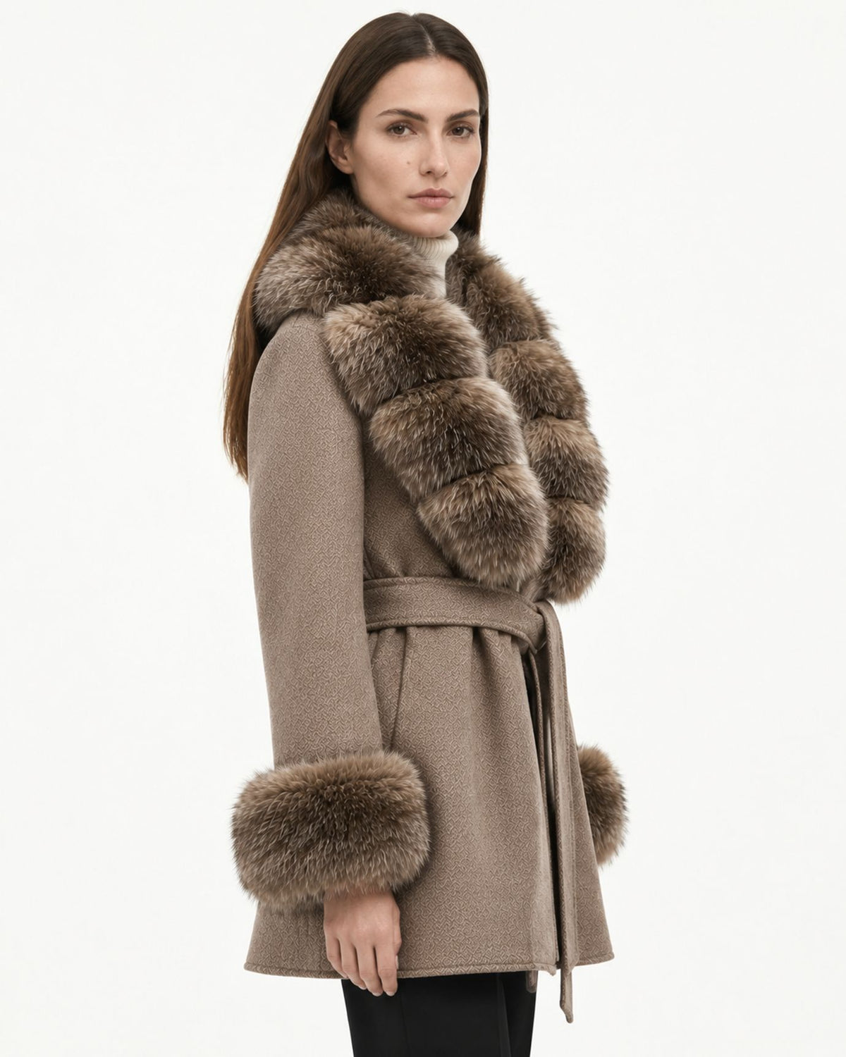 Mira Belted Mid-Length Wool Coat with Fox Fur Collar