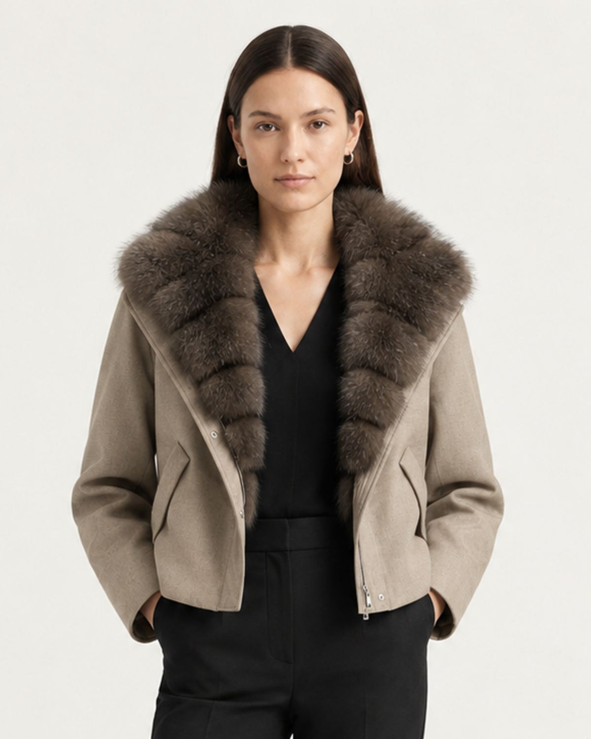 Relaxed-Fit Down Coat with Natural Fox Fur Collar