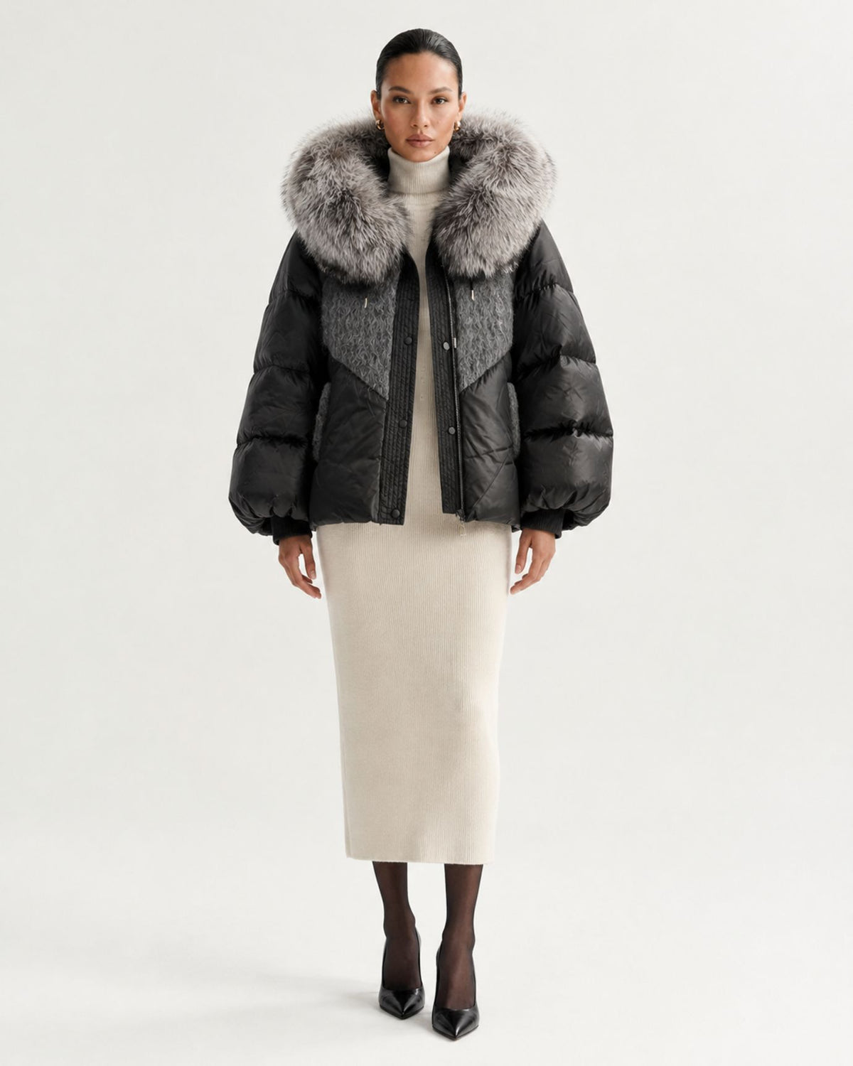 Lina Oversized Down Jacket with Natural Fox Fur Hood