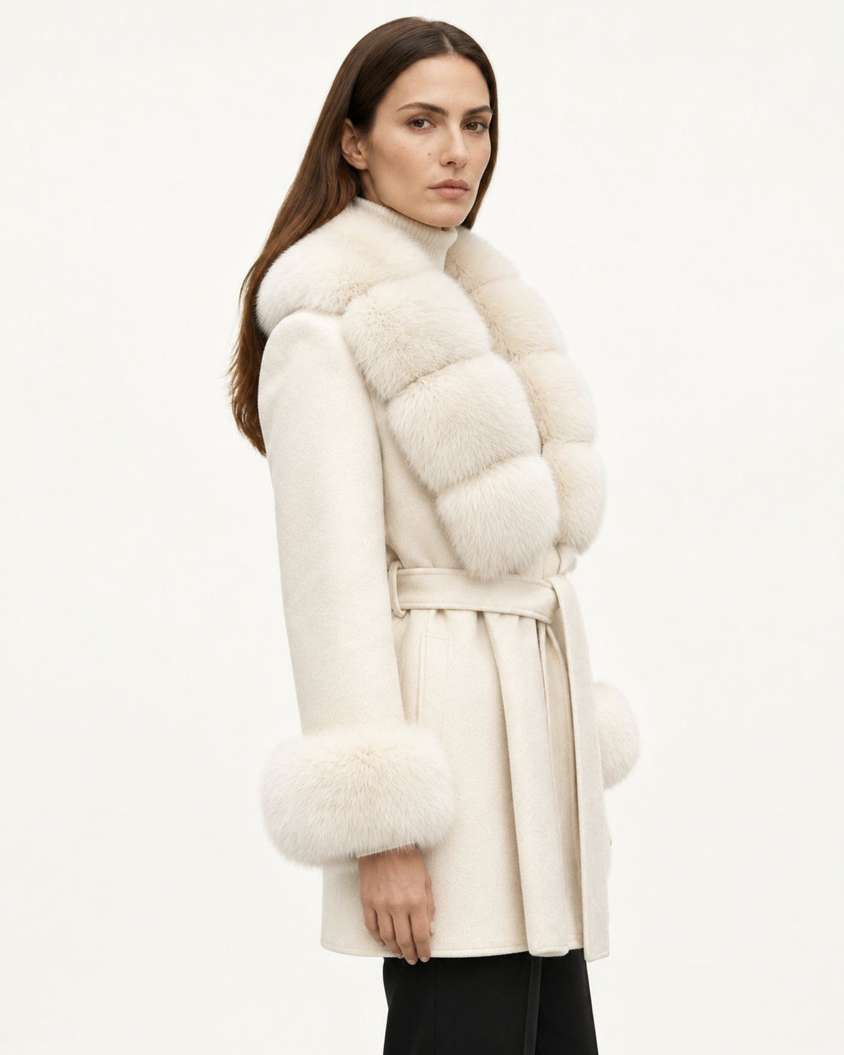Mira Belted Mid-Length Wool Coat with Fox Fur Collar