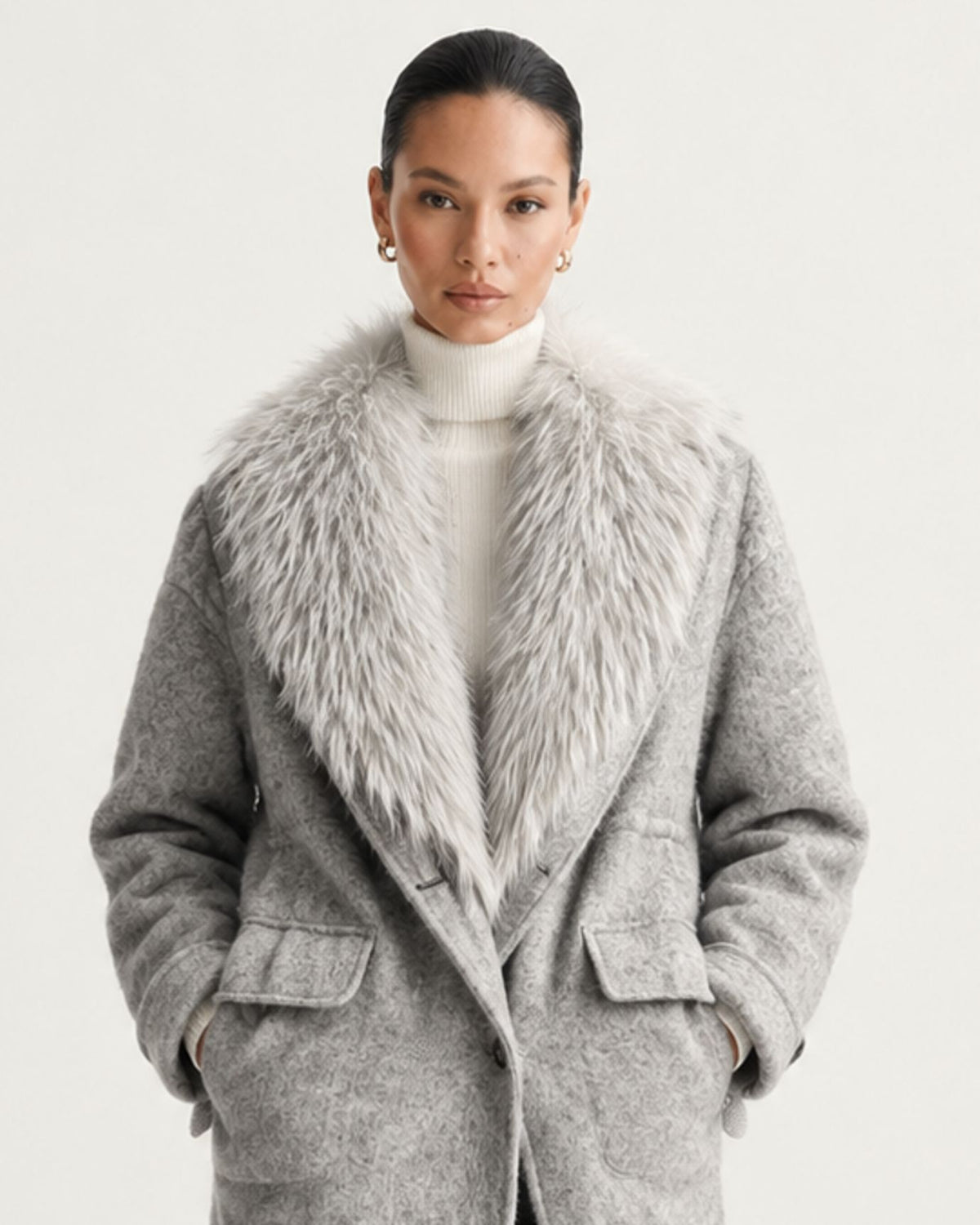 Wool Goose Down Coat with Natural Raccoon Fur Collar