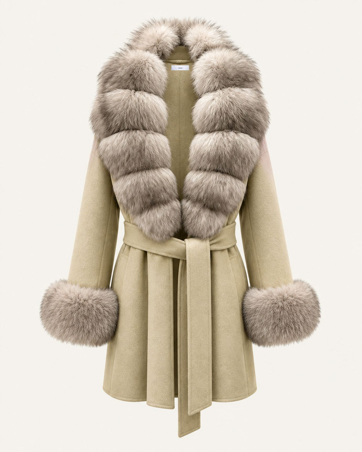Mira Belted Mid-Length Wool Coat with Fox Fur Collar