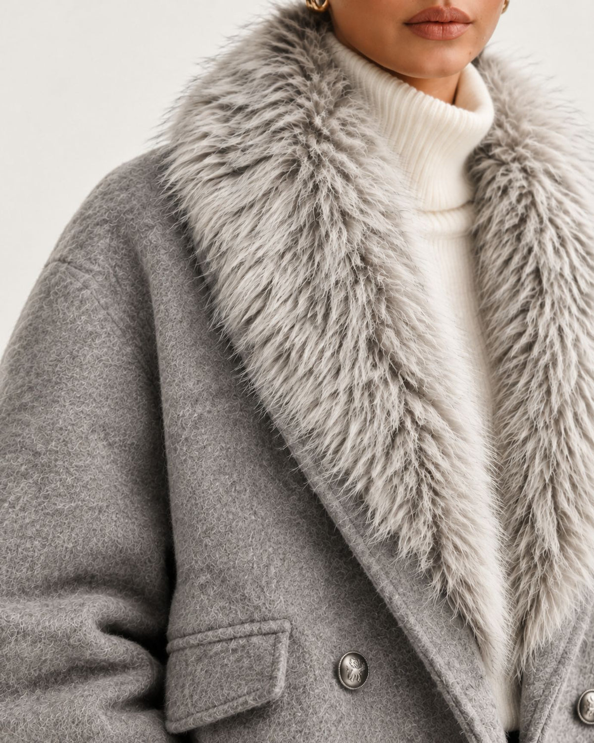 Wool Goose Down Coat with Natural Raccoon Fur Collar