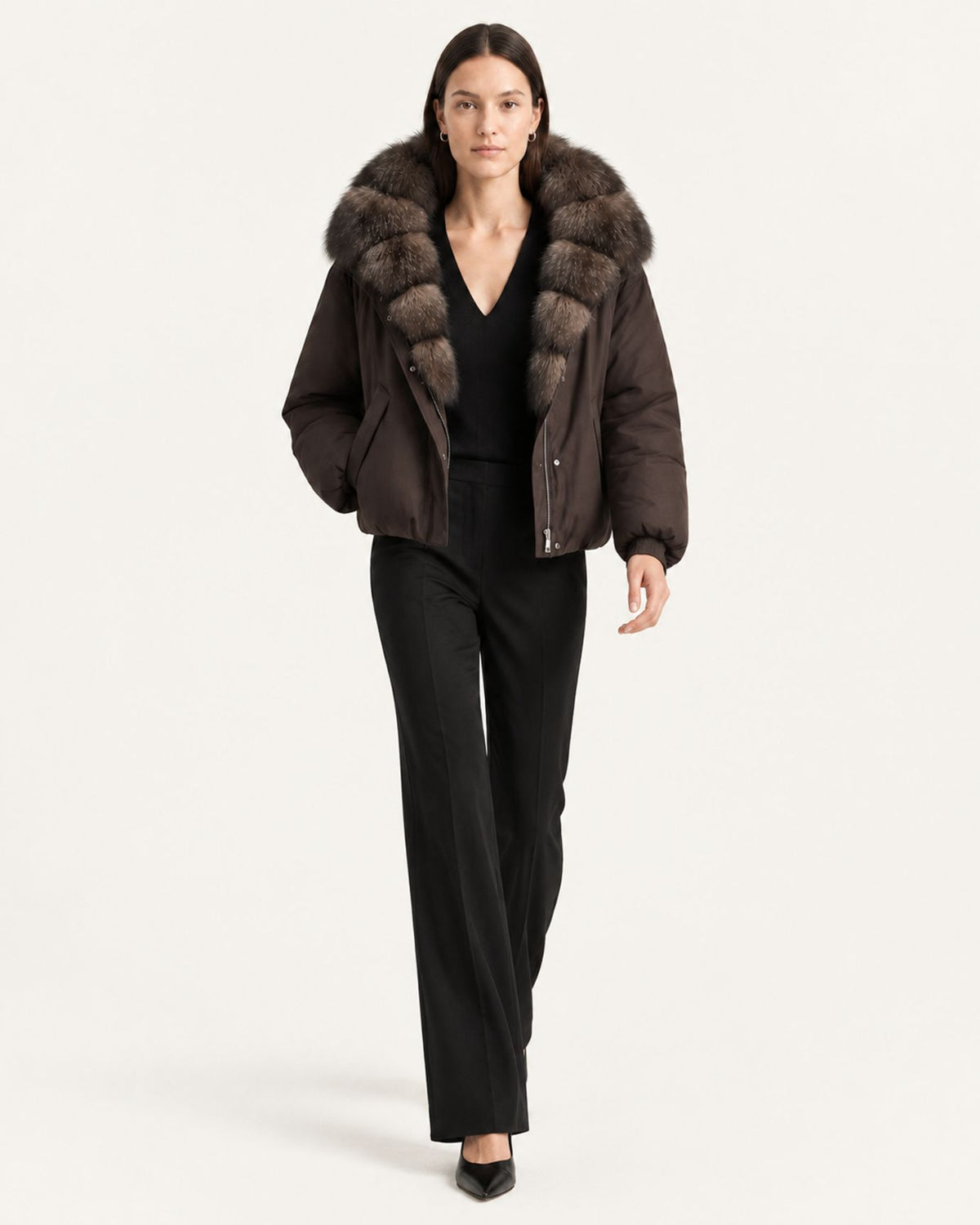 Relaxed-Fit Down Coat with Natural Fox Fur Collar