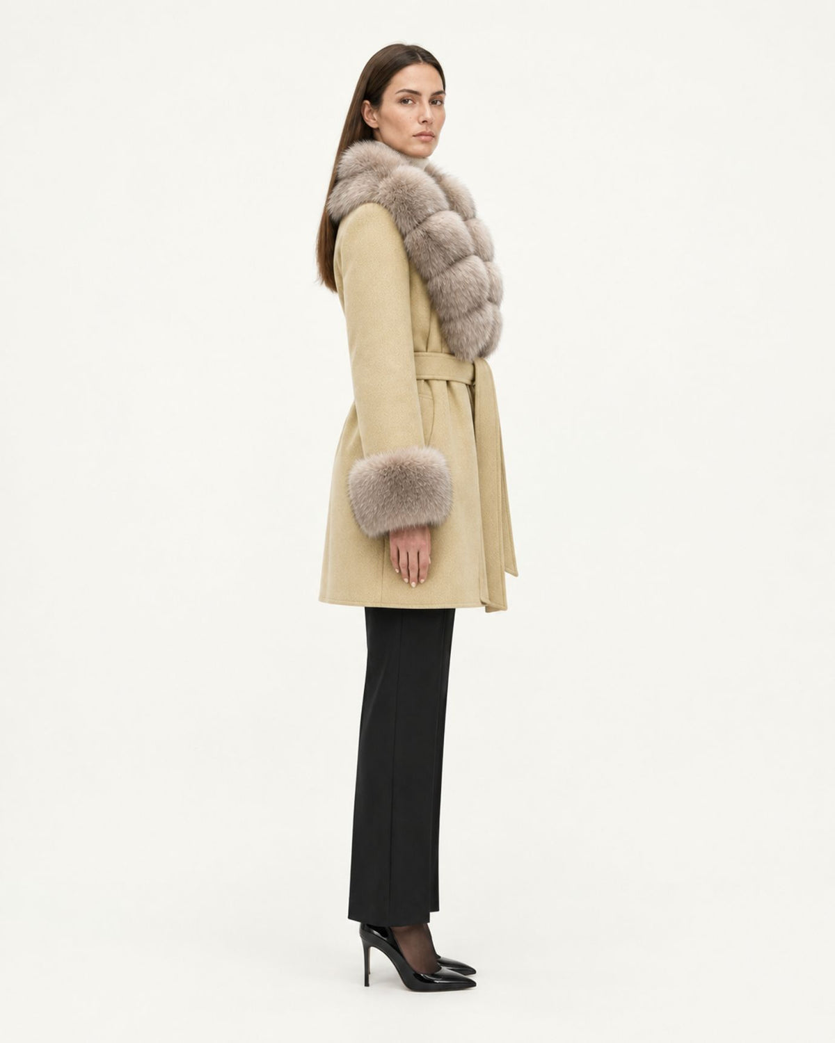 Mira Belted Mid-Length Wool Coat with Fox Fur Collar