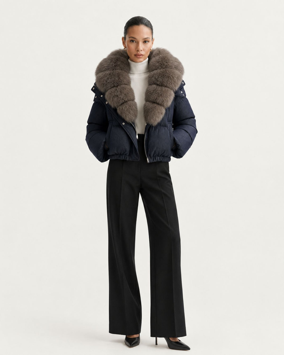 Navy Blue Duck Down Puffer with Detachable Fox Fur Collar