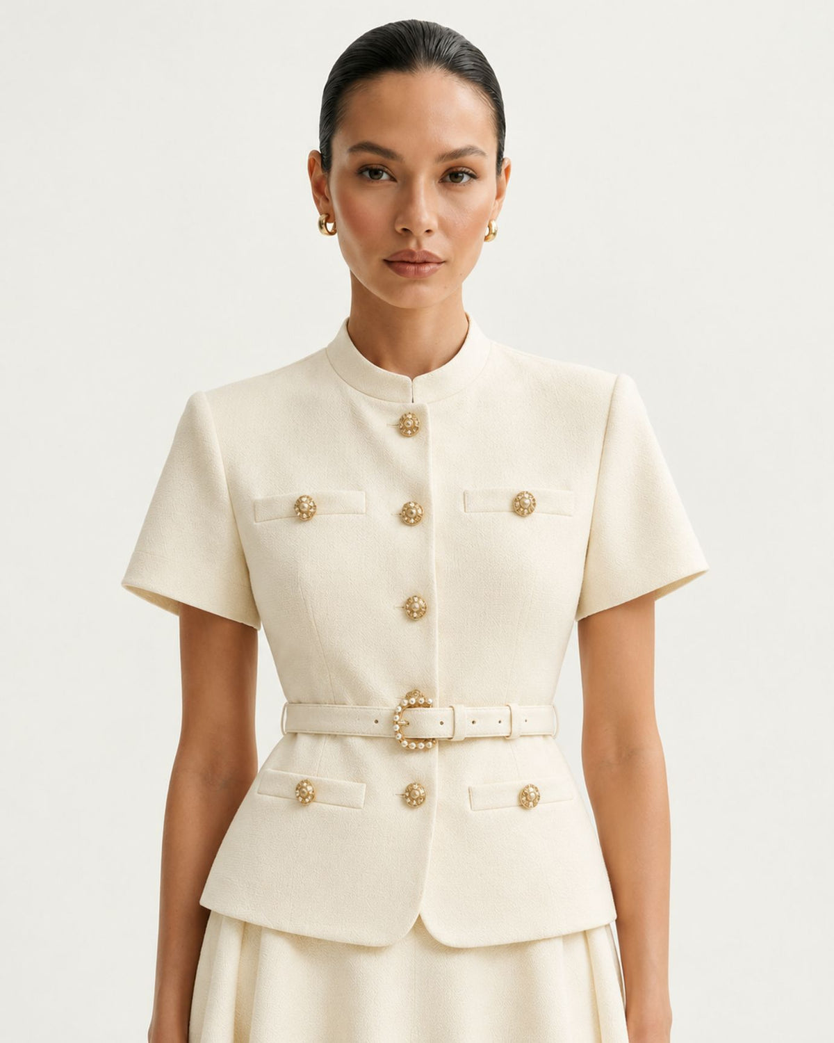 Off White Cinched-Waist Short-Sleeve Top and Long Skirt Set