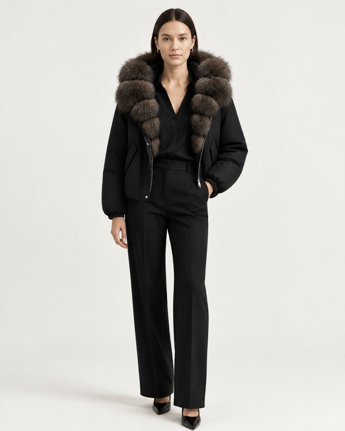 Relaxed-Fit Down Coat with Natural Fox Fur Collar