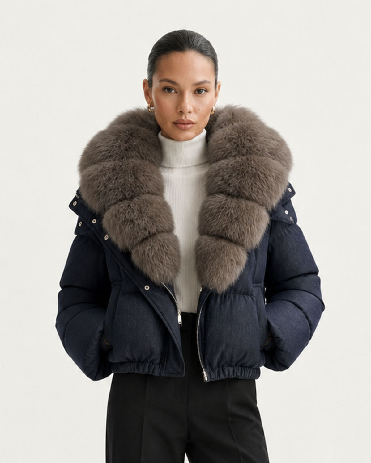 Navy Blue Duck Down Puffer with Detachable Fox Fur Collar