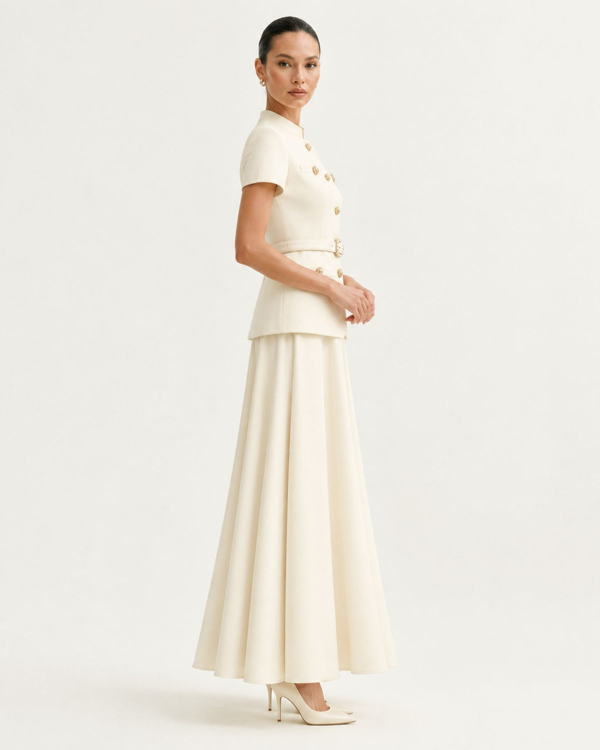 Off White Cinched-Waist Short-Sleeve Top and Long Skirt Set