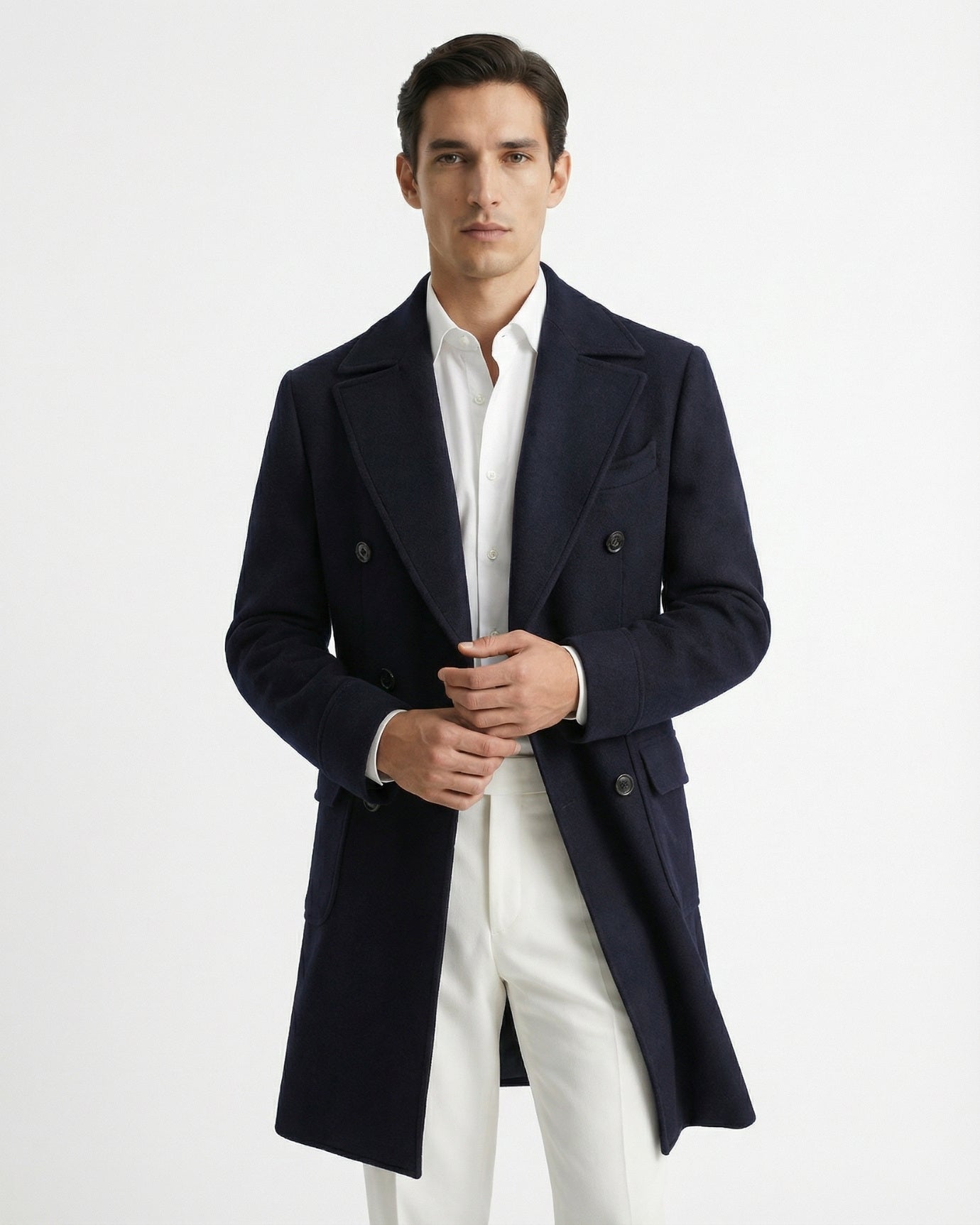 Navy Blue Thick Double-Breasted Wool Coat with Ulster Collar