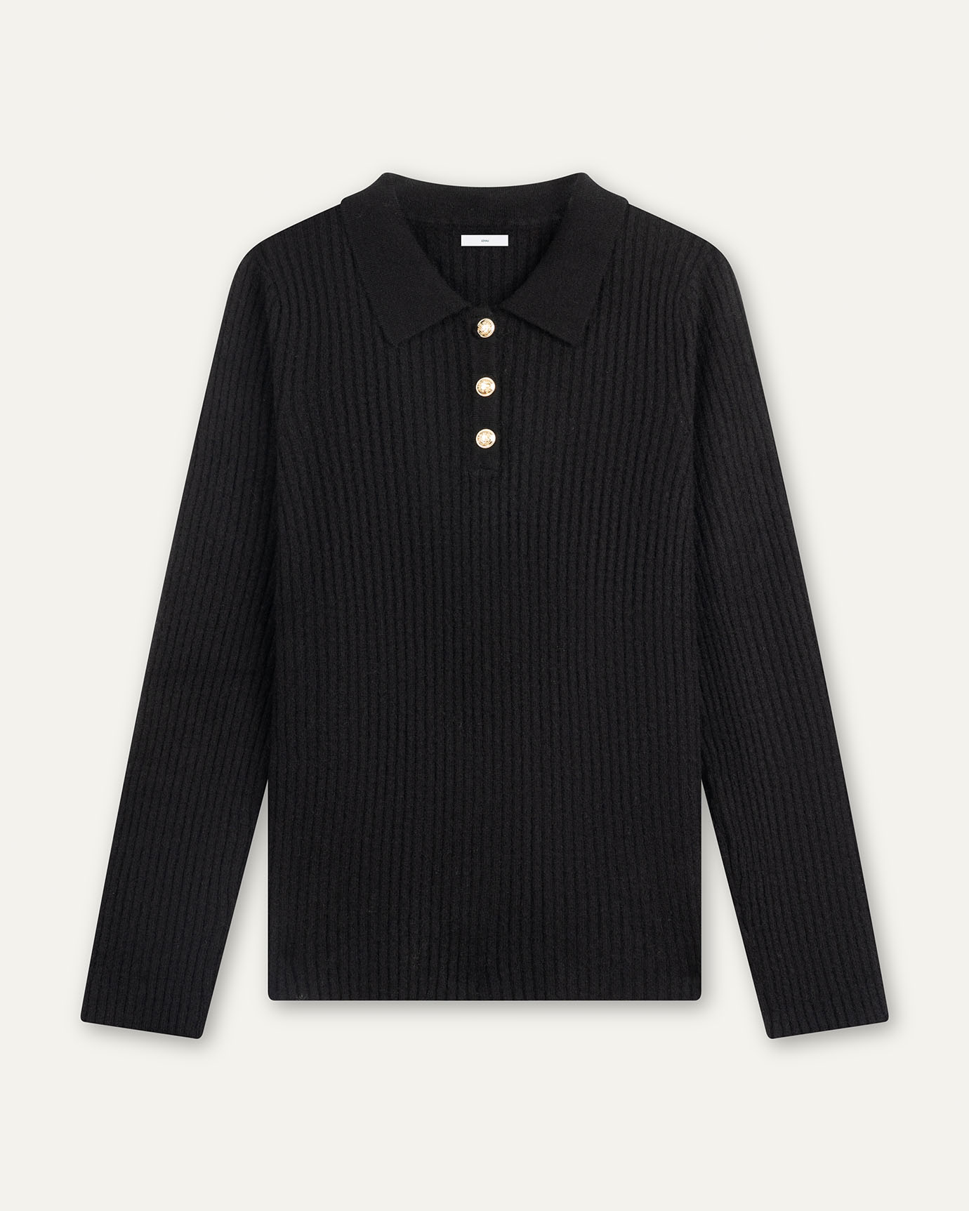 Black ribbed sweater with a collar on a light gray background old money style