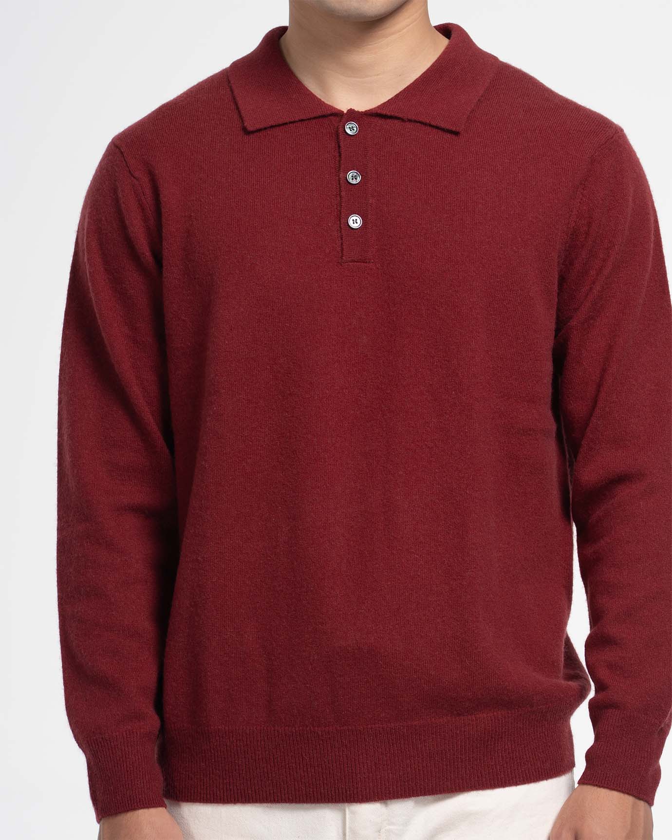 Men’s burgundy long sleeve polo made from fine cashmere