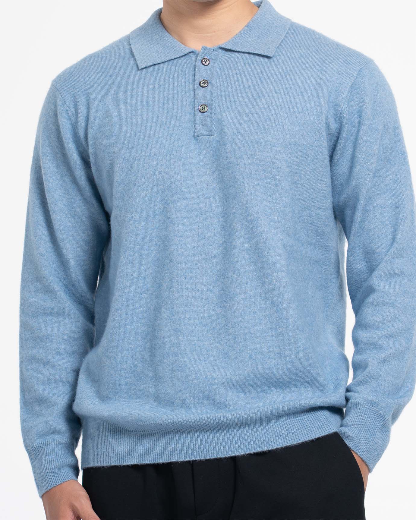 Elegant sky blue fine cashmere polo for cool weather