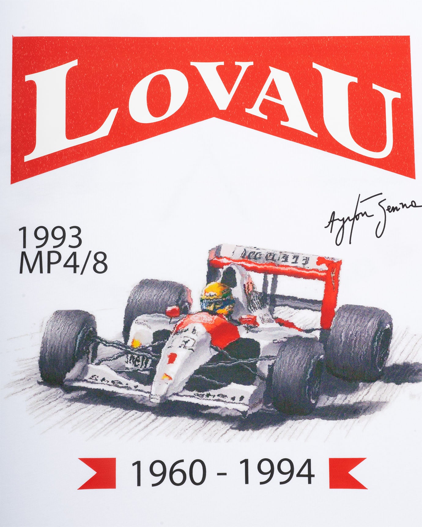Formula 1 car with Lovau branding and race car driver's signature on a red and white background.