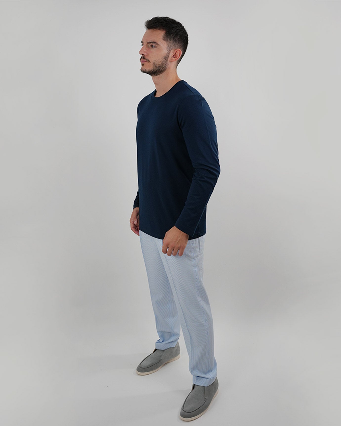 Non Iron Mulberry Silk Long Sleeve t-shirt - Navy Blue