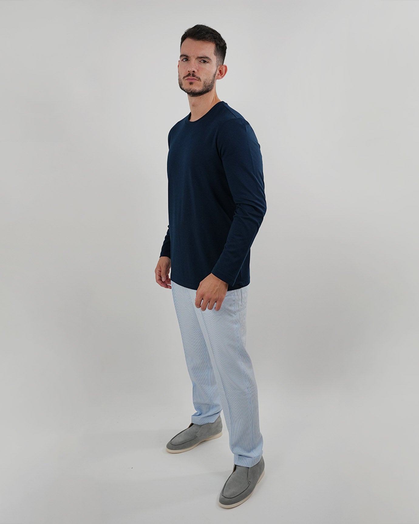 Non Iron Mulberry Silk Long Sleeve t-shirt - Navy Blue