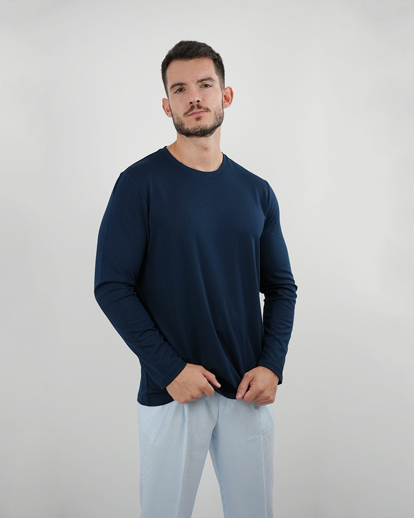 Non Iron Mulberry Silk Long Sleeve t-shirt - Navy Blue