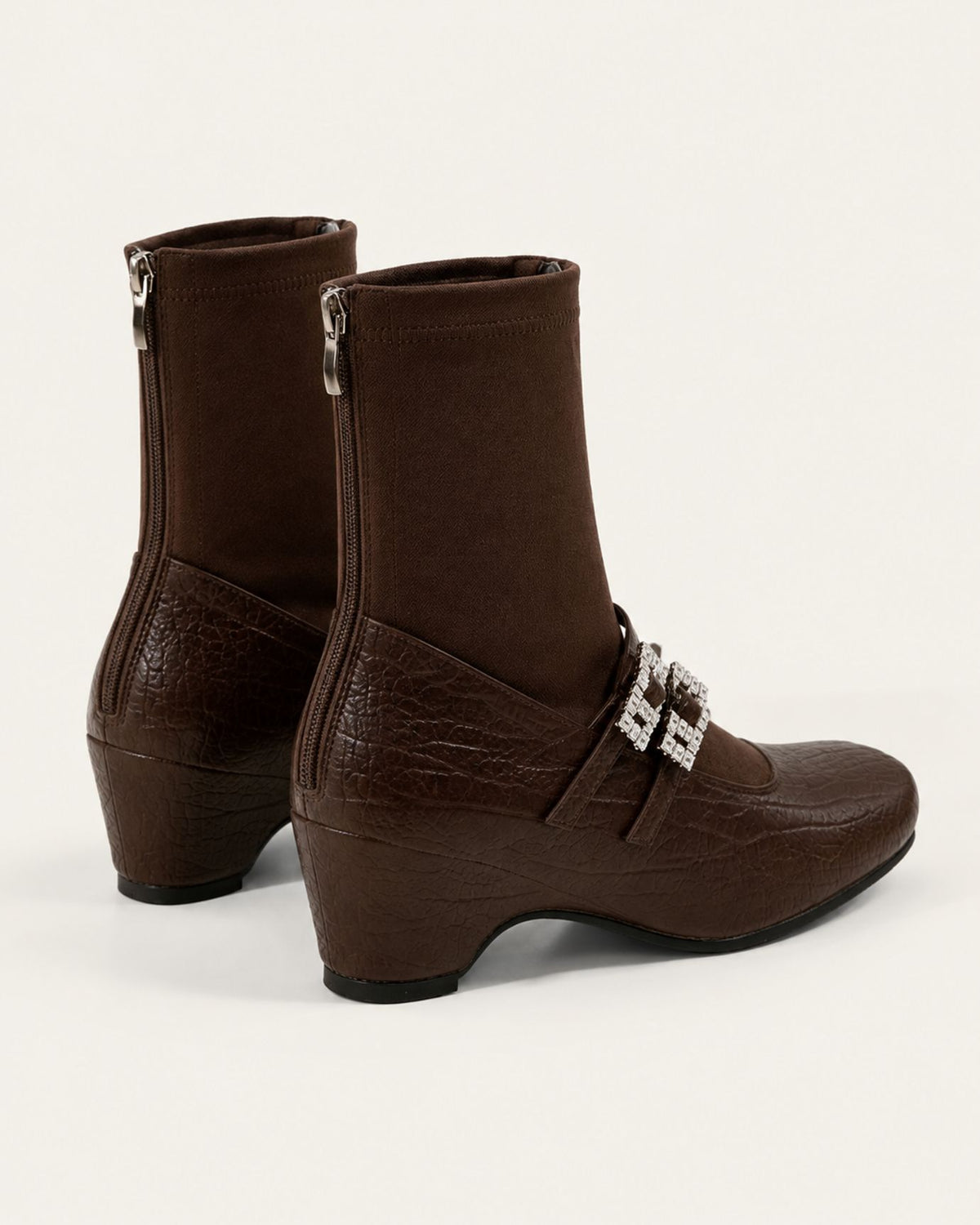 Rhinestone-Embellished Leather Wedge Boots