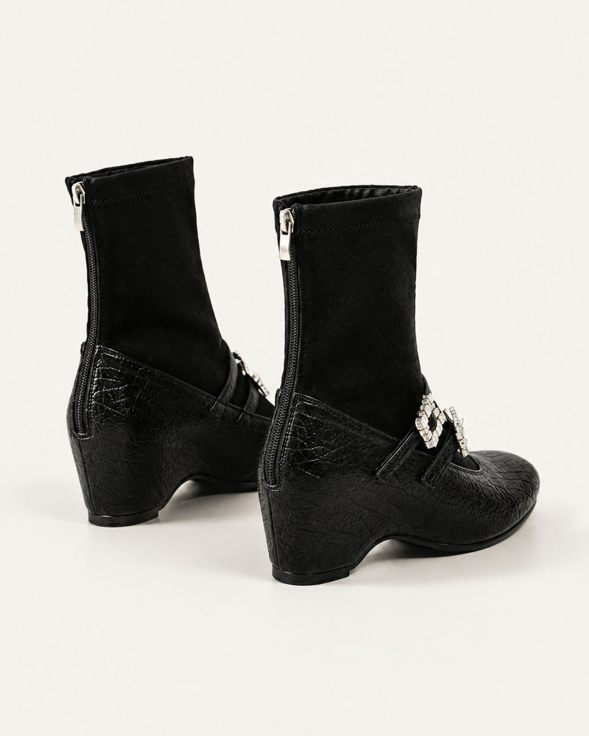 Rhinestone-Embellished Leather Wedge Boots