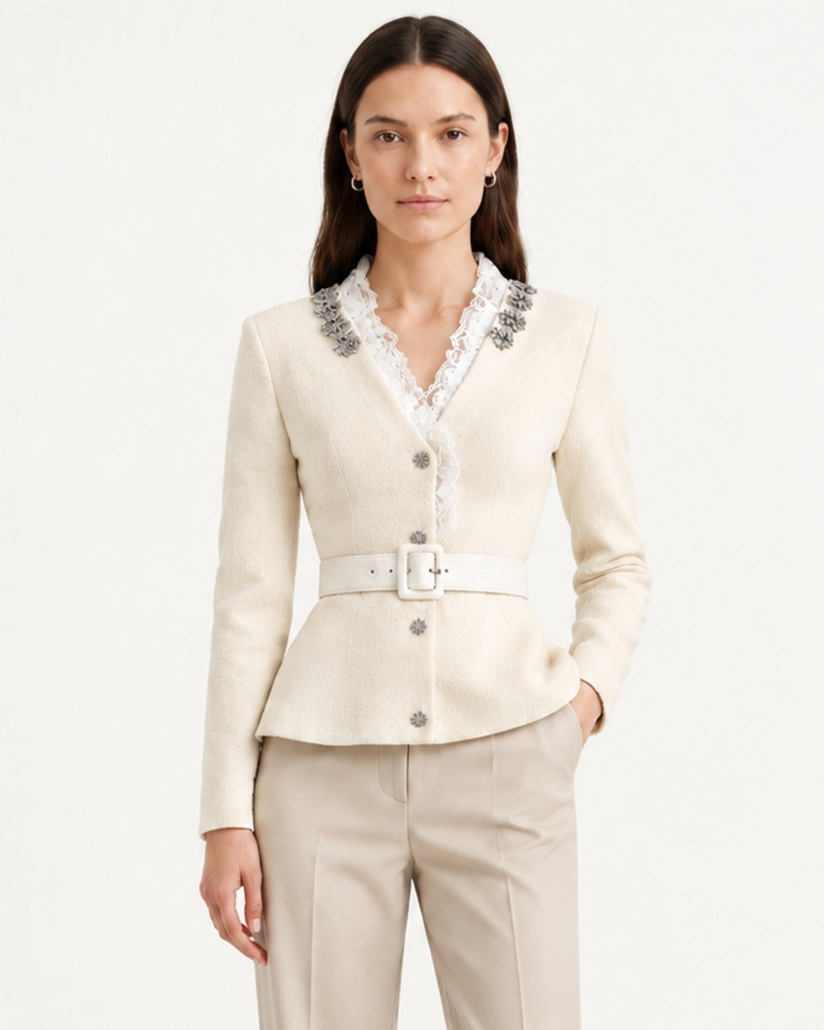 Rhinestone Embellished Lace Trim Cardigan