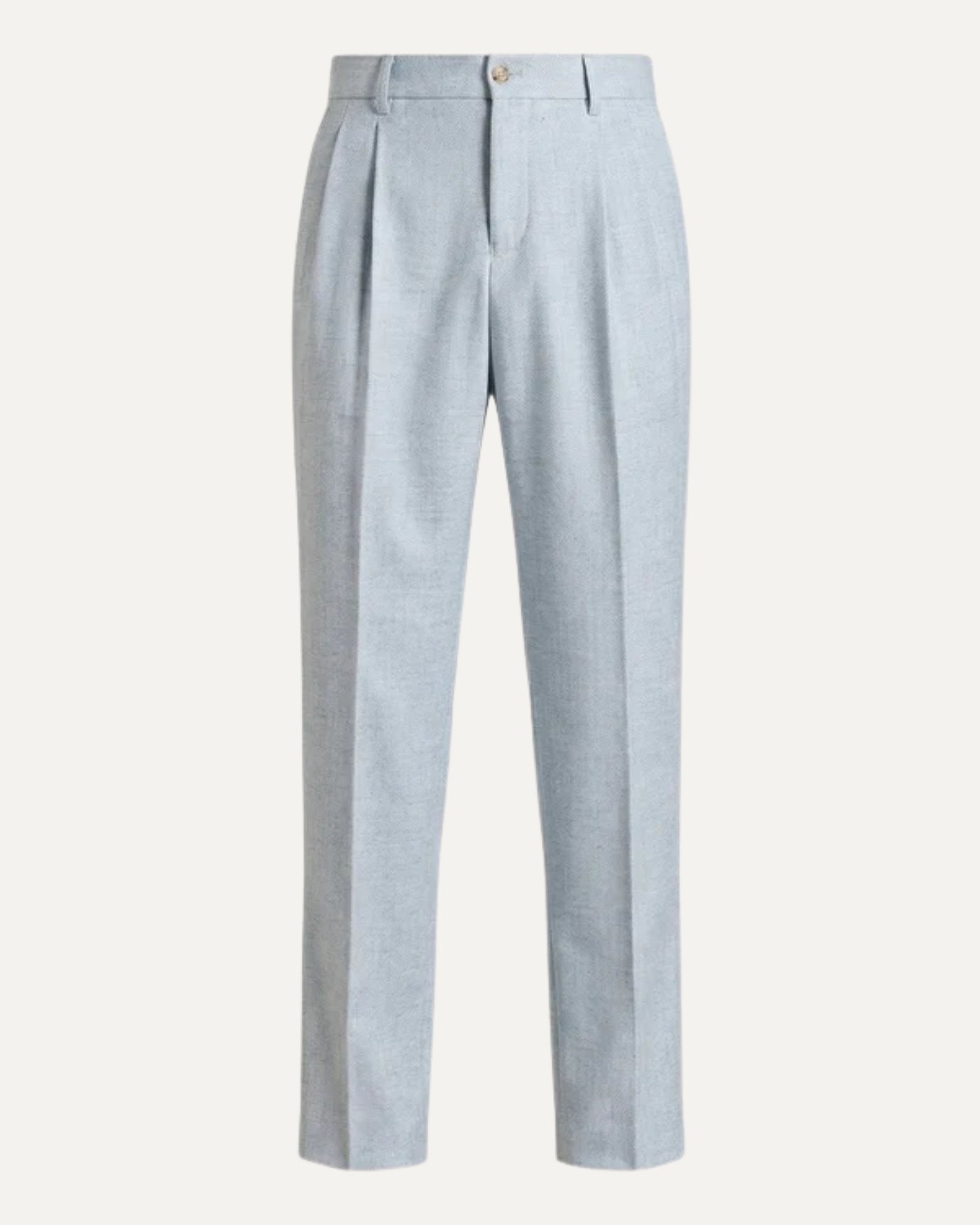 Light blue linen herringbone trousers with double pleats, Mediterranean quiet luxury style