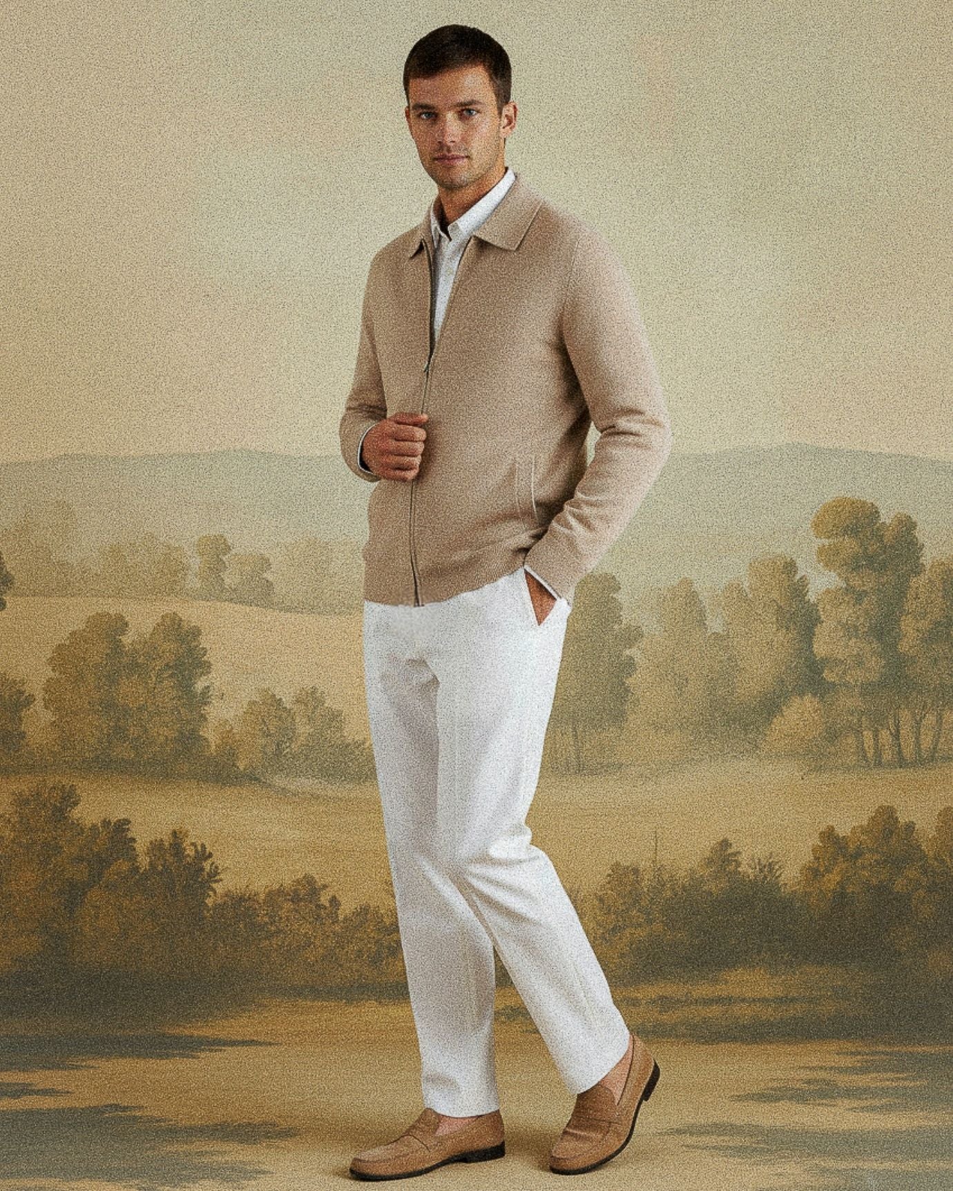 Man wearing a beige cardigan over a white shirt with white pants, standing in front of a scenic wall mural.