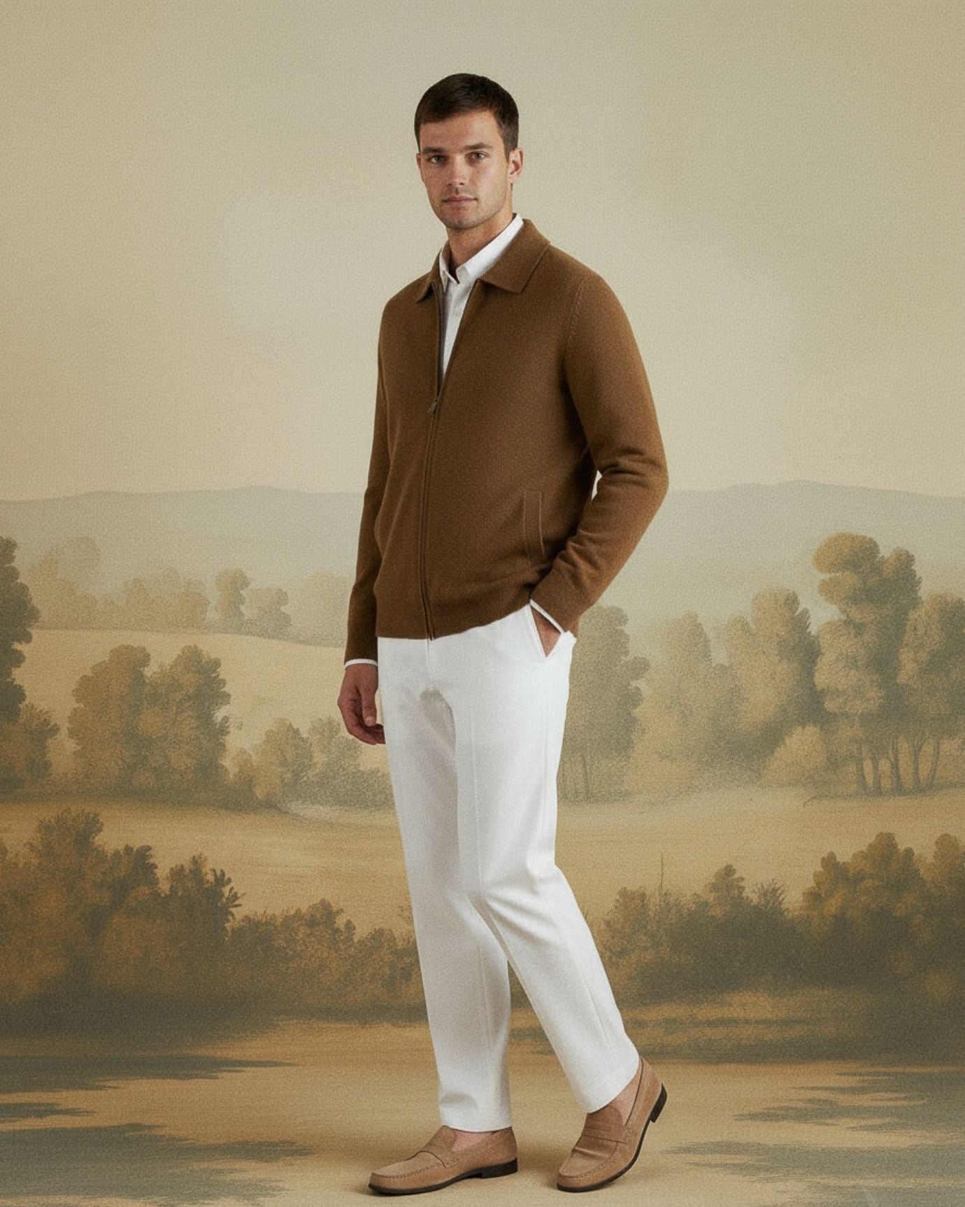 Man wearing a brown sweater and white pants standing in front of a scenic wall mural.