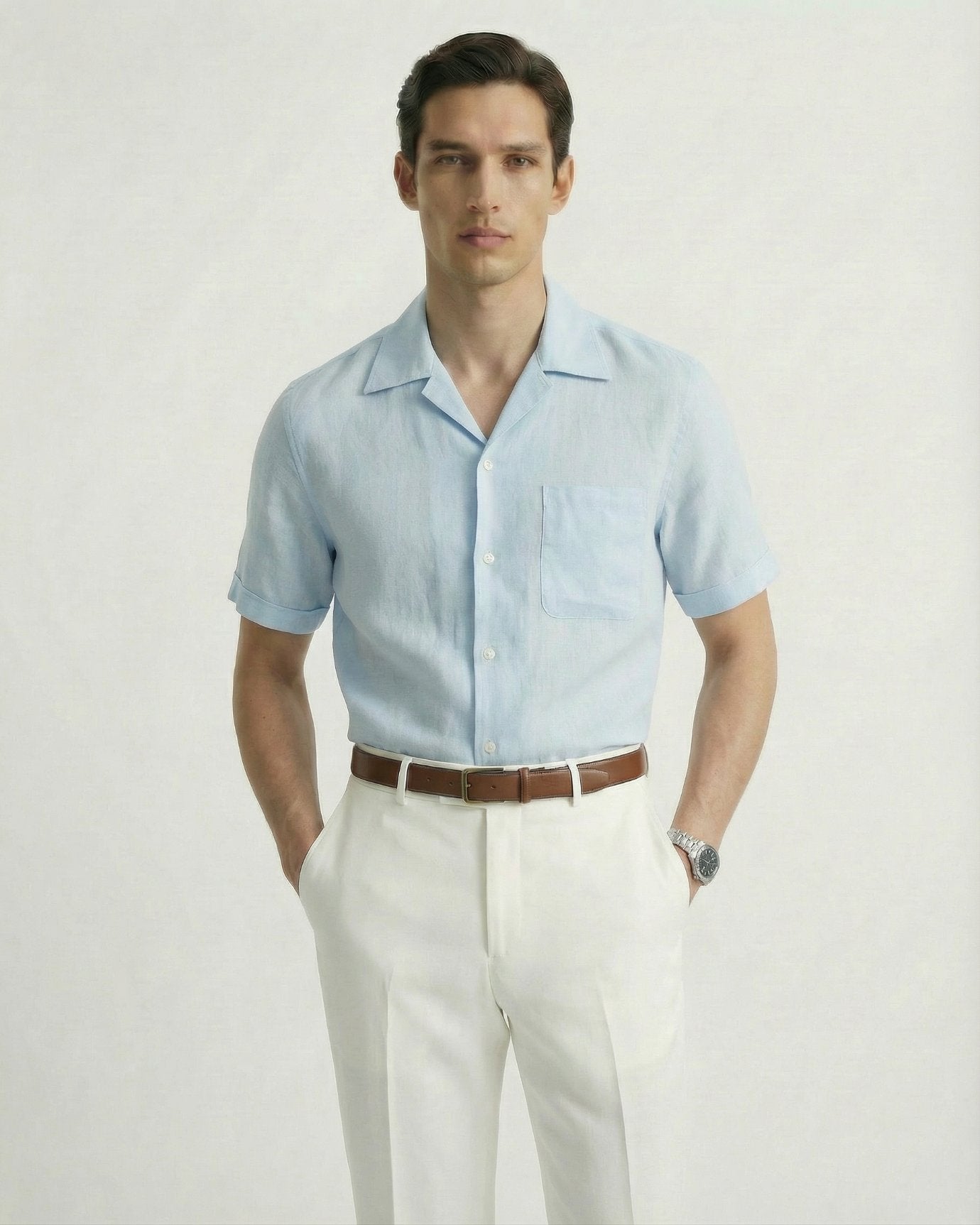 Summer linen Cuban collar short-sleeved shirt