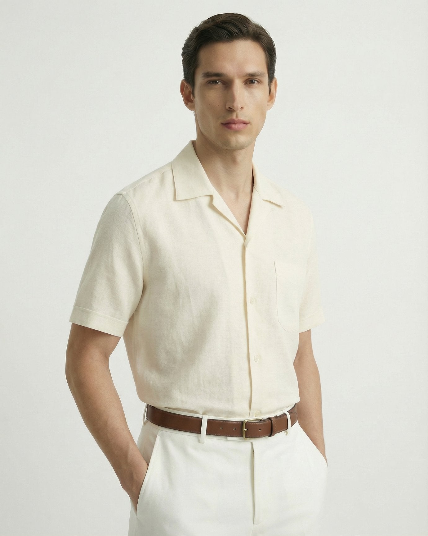 Summer linen Cuban collar short-sleeved shirt